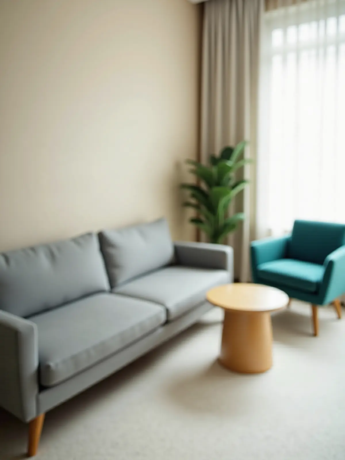 Image d’ambiance : canapé gris, fauteuil turquoise et table ronde dans une pièce lumineuse