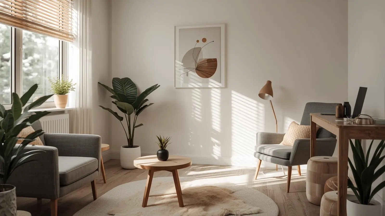 Image d’ambiance : bureau de consultation avec fauteuils gris et lumière naturelle