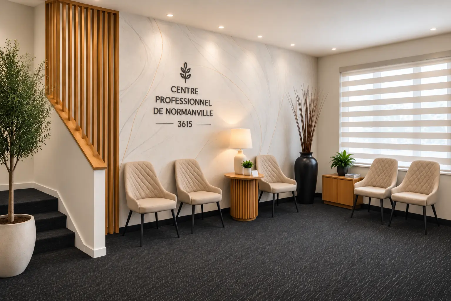 Salle d’attente avec fauteuils clairs et mur portant le nom du Centre Professionnel de Normanville